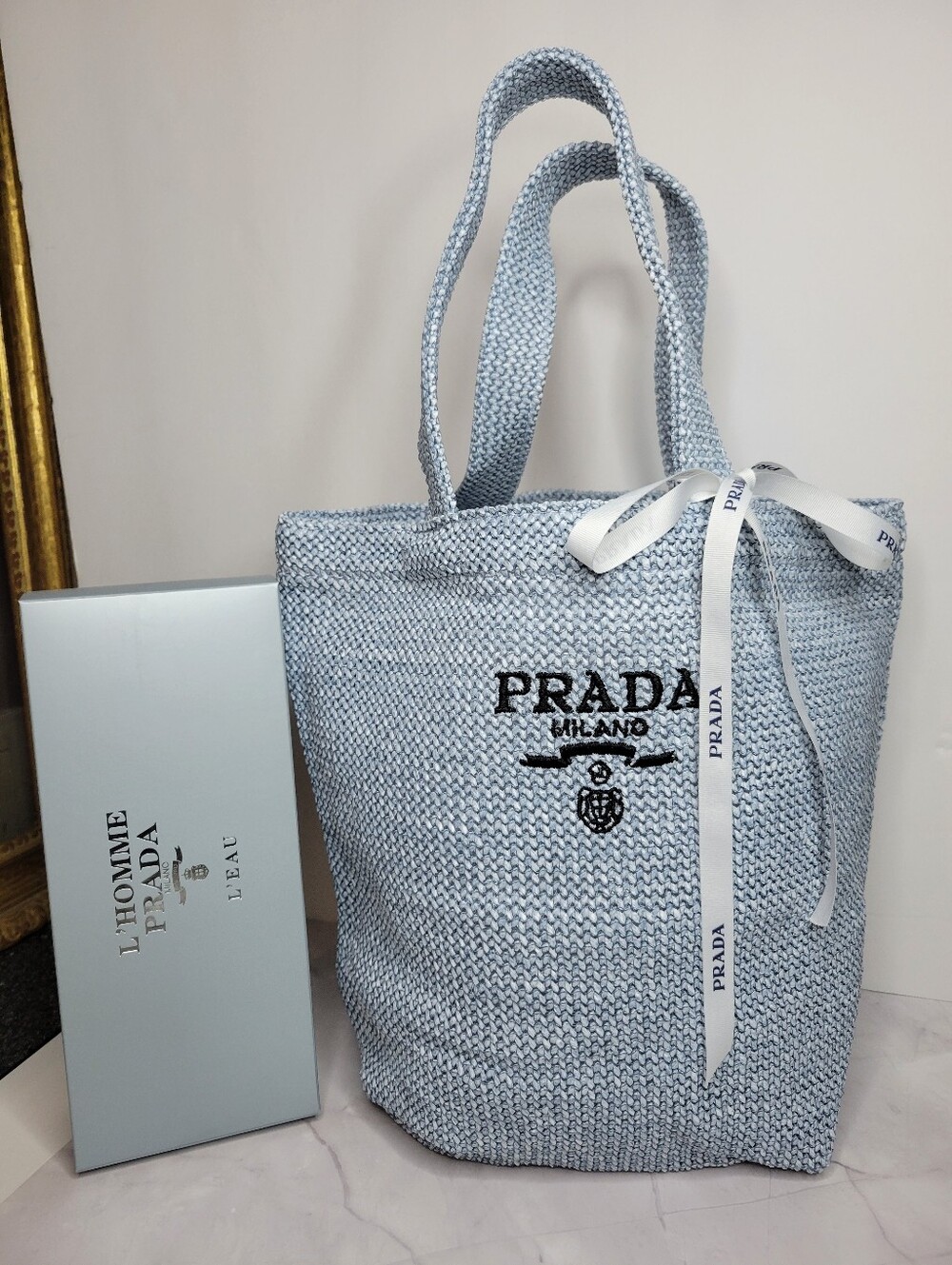 GWP PRADA 10"×11" Raffia Knit Tote, New In Box